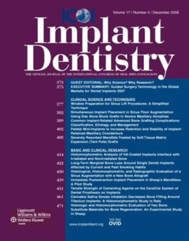 "Modified Insertion Technique for Immediate Implant Placement into Fresh Extraction Socket in the First Maxillary Molar Sites: A 3-Year Prospective Study" - Implant Dentistry, 2010
